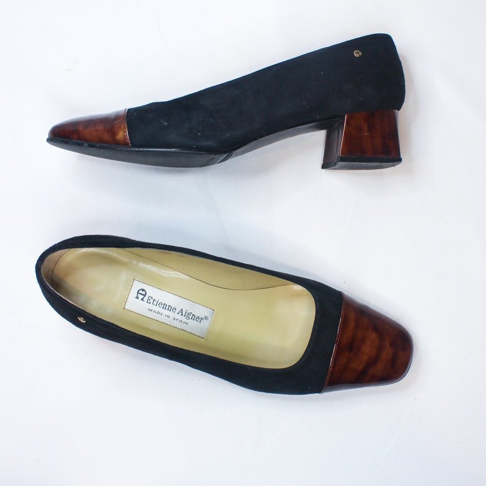 Vintage Etienne Aigner Black Suede Brown Tortoise Shell Block Heel 90s 8.5 Pumps - Picture 14 of 14